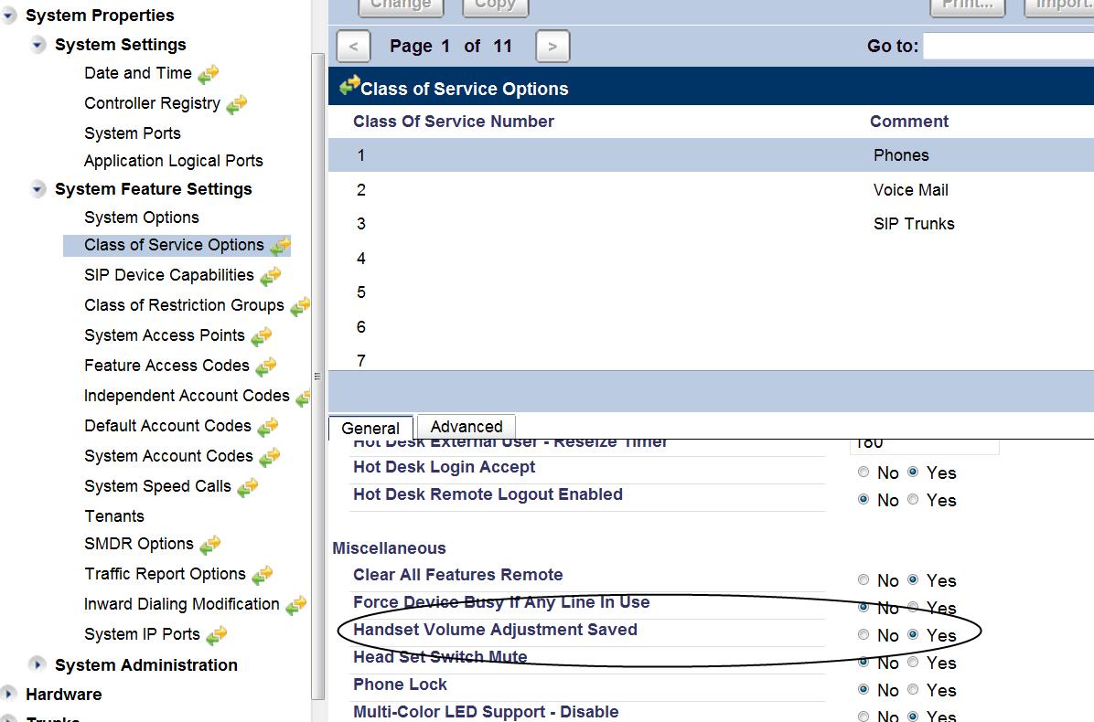 COS Options for saving mitel telephone handset volume